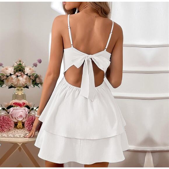 Women's White Backless Bow Tie Short XL Dress Summer Models Sexy Halter Dresses - Picture 2 of 4